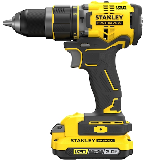 Stanley SFMCD721DR2 cordless drill, yellow and black, side angle, V20 Fatmax series.