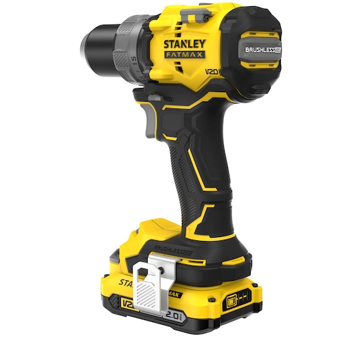 STANLEY SFMCD725D2K cordless brushless drill with yellow and black design, side angle on white background.