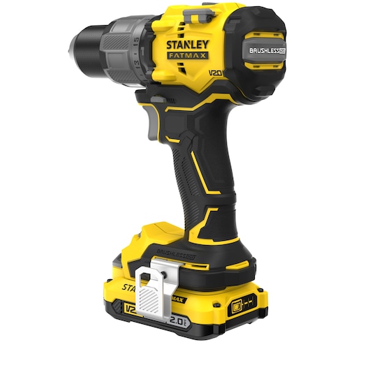 STANLEY SFMCD726D2K cordless drill, yellow and black, side angle on white background.