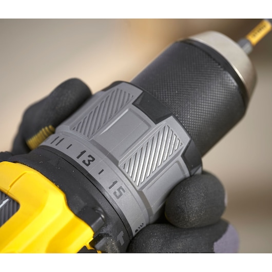 STANLEY SFMCD726D2K cordless drill close-up showing grip and adjustable torque settings.