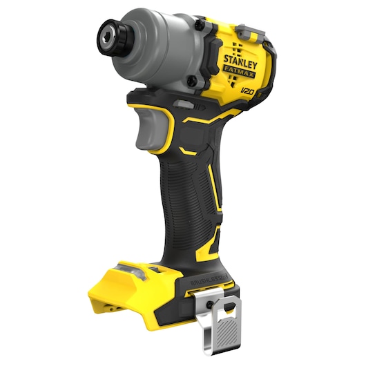 STANLEY SFMCF830B brushless impact driver, yellow and black, front left angle, photography product.