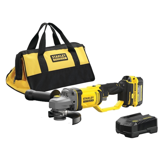 Stanley cordless angle grinder set with battery, charger, and carrying bag in yellow and black.