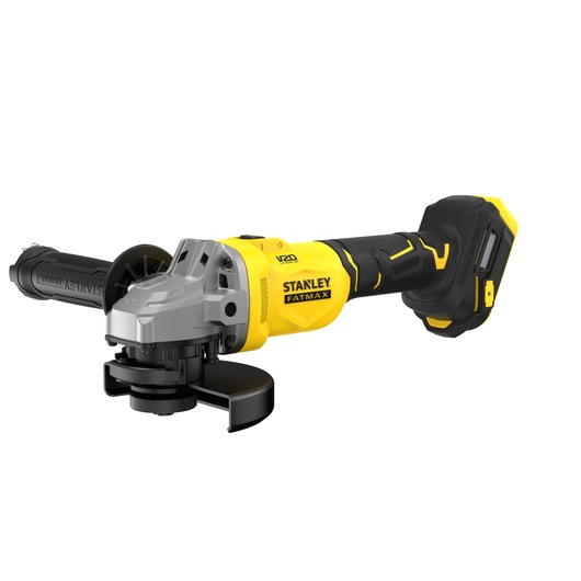STANLEY SFMCG710B-XJ cordless angle grinder, yellow and black, front-left angle on white background.