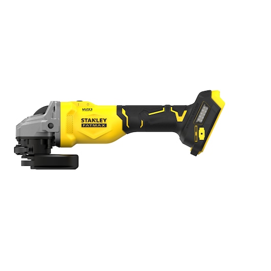 STANLEY SFMCG710B-XJ cordless angle grinder side view, yellow and black body, battery slot visible.