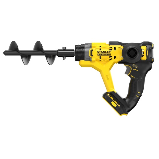 STANLEY SFMCGA75B cordless auger drill, yellow and black, side view on white background.