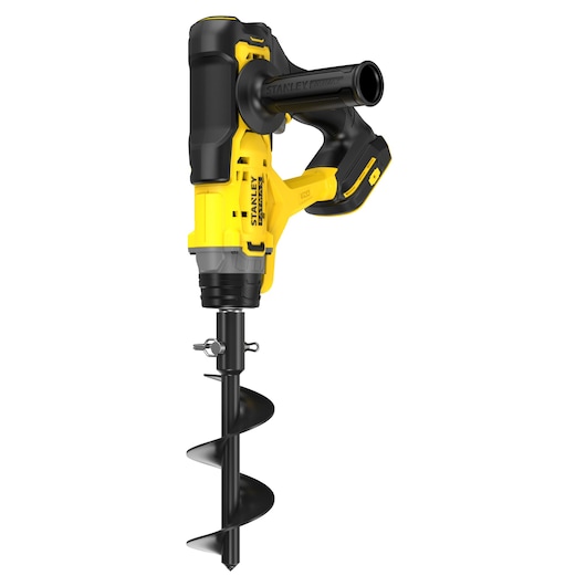 STANLEY SFMCGA75B cordless garden auger, yellow and black, side angle on white background.