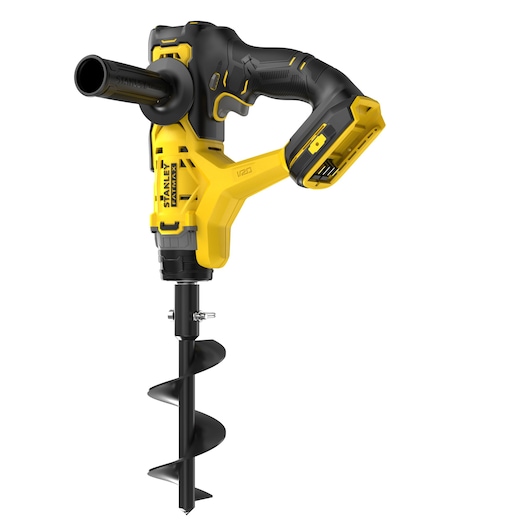 STANLEY SFMCGA75B cordless garden auger, yellow and black tool, side angle, battery slot visible.