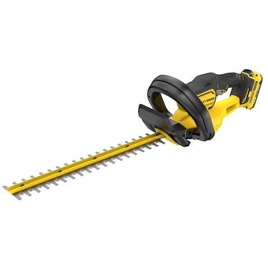 STANLEY SFMCHT650D1 cordless hedge trimmer, yellow and black, side angle, white background.