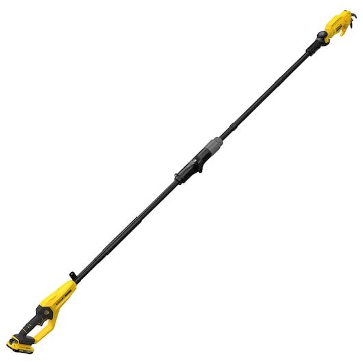 STANLEY SFMCPP632D1 yellow and black cordless pole saw, side angle on white background.