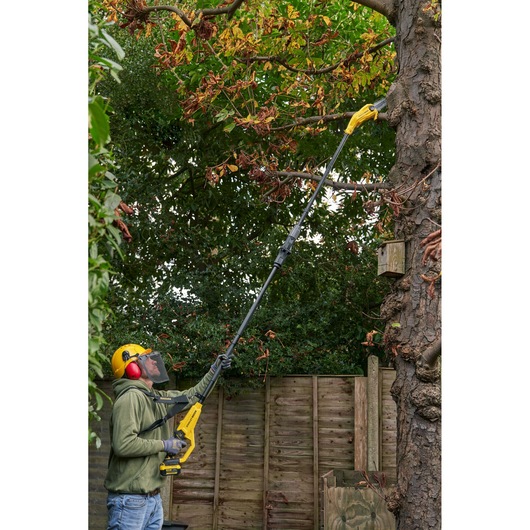 STANLEY SFMCPS720M1 pole saw used for cutting high tree branches in a garden setting.