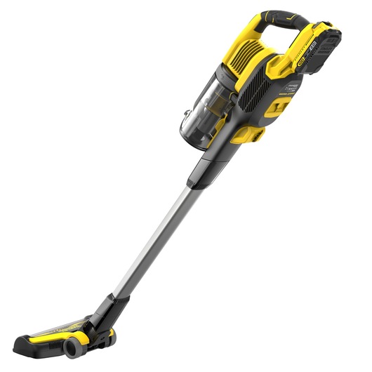 STANLEY SFMCVS001D1 cordless stick vacuum cleaner, yellow and black, side angle, white background.