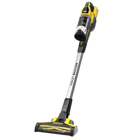 STANLEY SFMCVS001D1 cordless stick vacuum cleaner, yellow and black, side angle on white background.