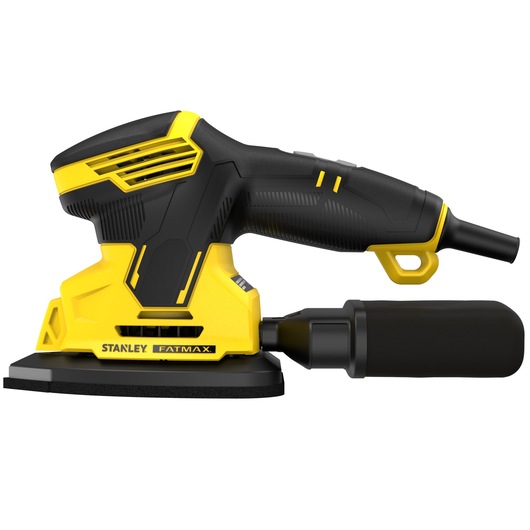 STANLEY SFMEW210S FATMAX electric sander side view, yellow and black, with dust collector attachment.