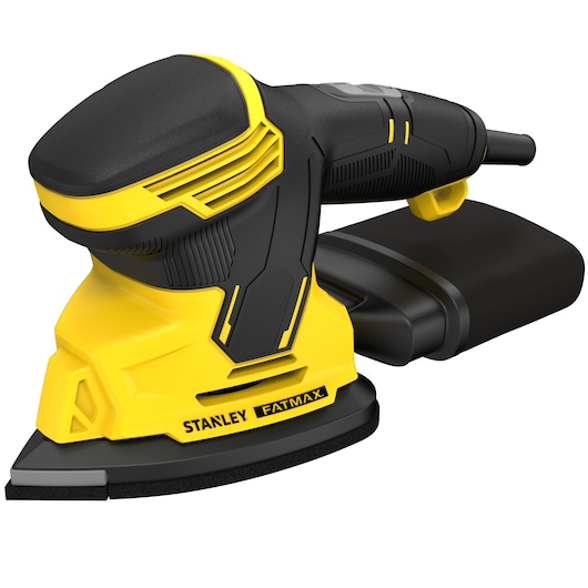 STANLEY SFMEW210S detailed close-up of yellow and black electric detail sander with dust collection box, angled view.
