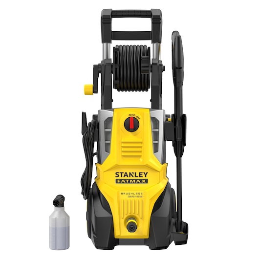 STANLEY SFMPW2400 pressure washer, yellow and black, front view, with detergent bottle accessory.