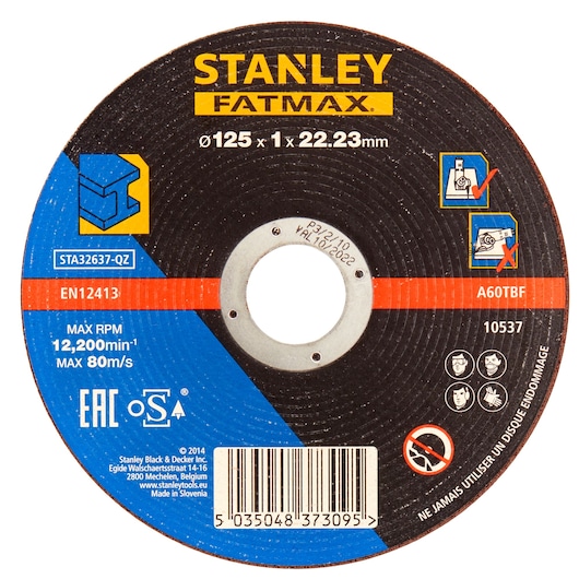 STANLEY STA32637 cutting disc, 125 x 1 x 22.23mm, round black disc with yellow and blue labels, front view on white.