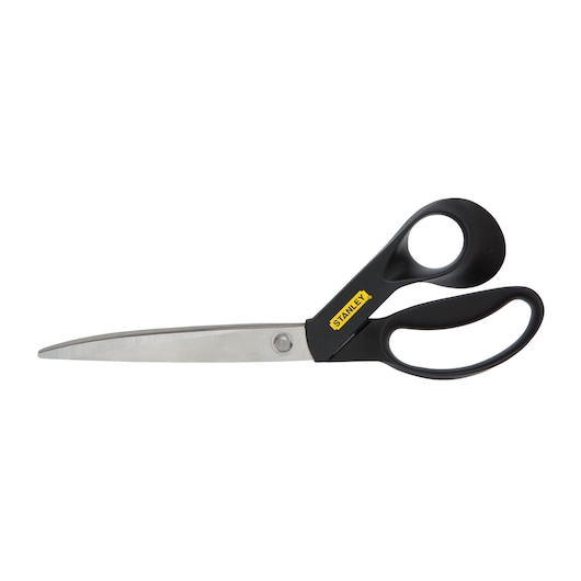 Stanley scissors with stainless steel blades and black handle, suitable for cutting paper or fabric.