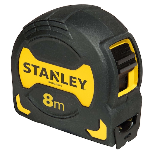Stanley 8m tape measure in black and yellow casing, compact and durable for measuring tasks.