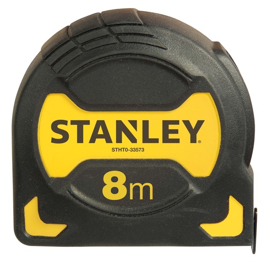 Stanley 8m tape measure with yellow and black casing, SKU STHT0-33573, used for measuring distances.