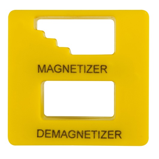 Yellow magnetizer and demagnetizer tool for screwdrivers, with labeled slots.