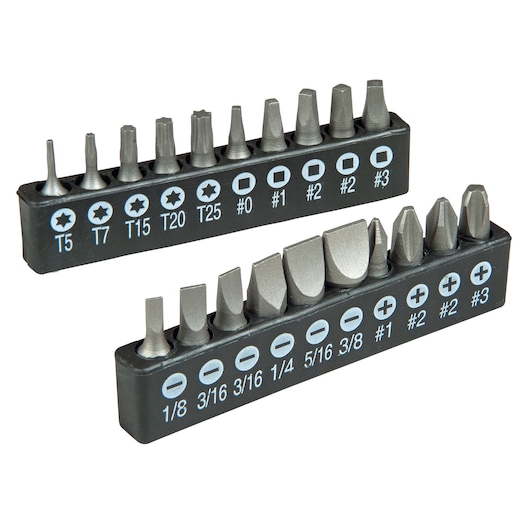 STANLEY STHT0-62113 screwdriver bit set, assorted tips in two black holders, front angle on white background.