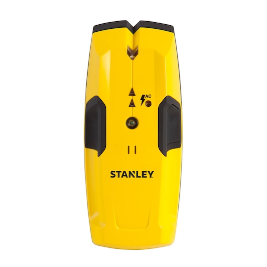 A yellow STANLEY electronic stud finder device with black accents, showing warning symbols and an AC alert indicator on its front.