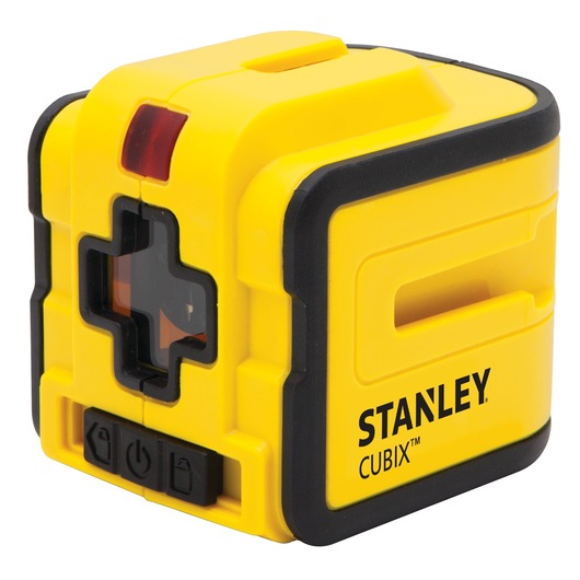 STANLEY STHT1-77340 yellow and black laser level, angled view, compact design, CUBIX model, photography category.