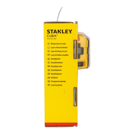 STANLEY STHT1-77340 yellow cross line laser packaging side view showing product name and features list.