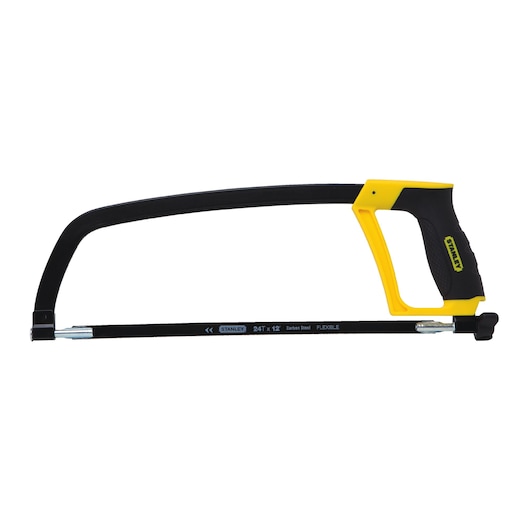 Photo of STANLEY STHT20139L hacksaw with yellow and black handle, 24T 12 inch blade, product on white background.