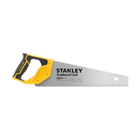 Photo of STANLEY STHT20348-0 handsaw with yellow and black handle, silver blade, side angle on white background.