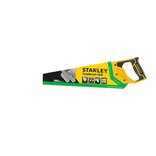 STANLEY STHT20348-0 hand saw with yellow and black handle, angled product photo on white background.