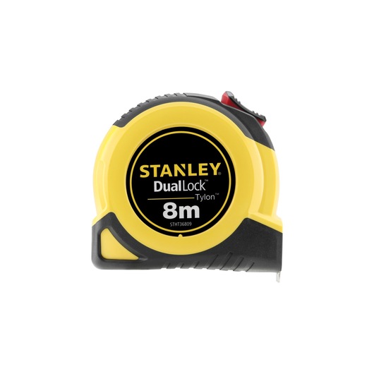 STANLEY STHT36809-0 tape measure, yellow and black DualLock Tylon, 8m, front view on white background.