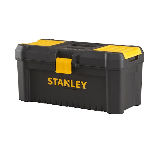Black and yellow STANLEY toolbox with handle and secure latch, suitable for storing tools and accessories.