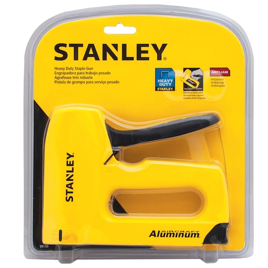 Photo of STANLEY TR150 heavy duty staple gun, yellow aluminum body, black handle, in retail packaging, front angle.