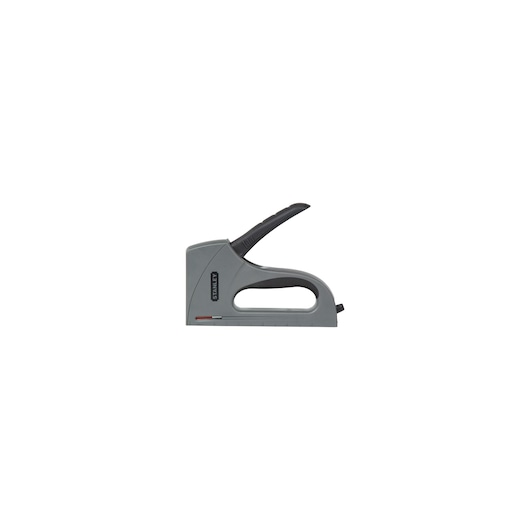 Photo of STANLEY TR40 heavy-duty staple gun, gray and black, side view, product on white background.