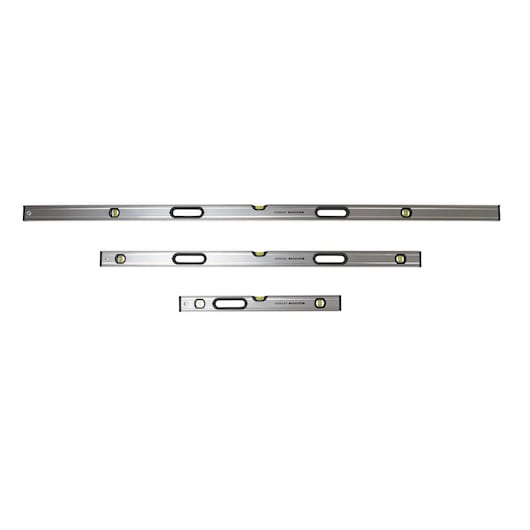 STANLEY XTHT0-43119 spirit level set, three silver aluminum levels, top view, photography product.